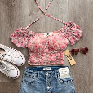 Pink Floral Ruched Crop Top